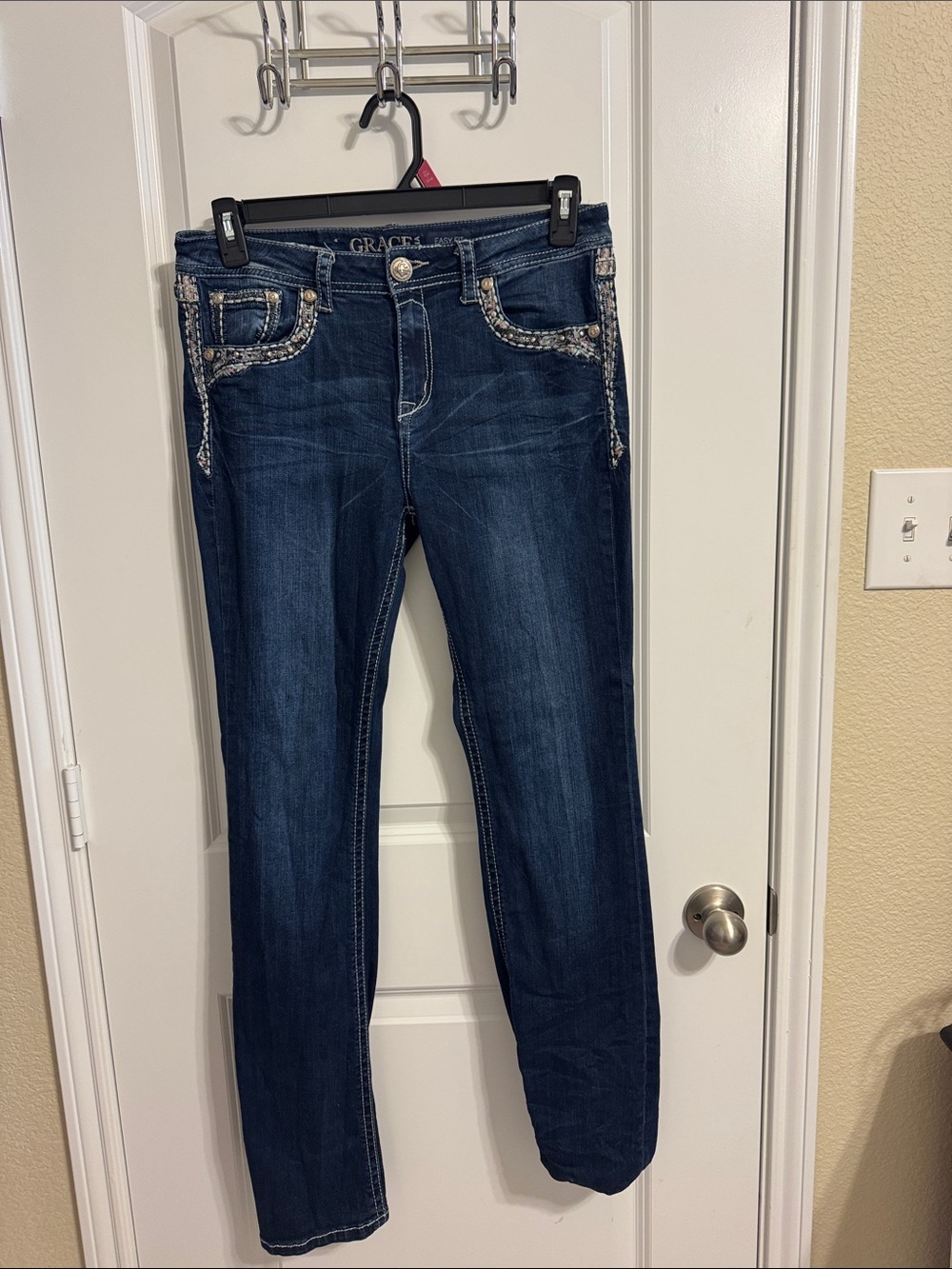 Grace in LA Dark Blue Skinny Jeans with Embellished Pockets